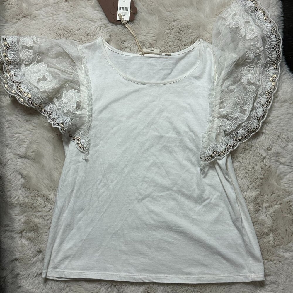 Anthropologie Forever that Girl Sheer Lace Mesh Flutter Sleeve White Top Size S
